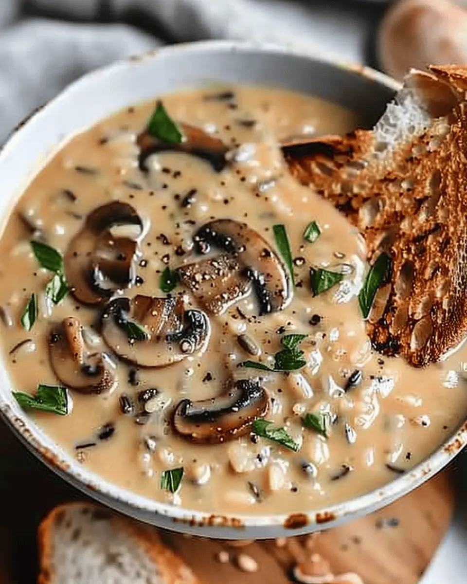 Creamy vegan mushroom wild rice soup that’s cozy and delicious