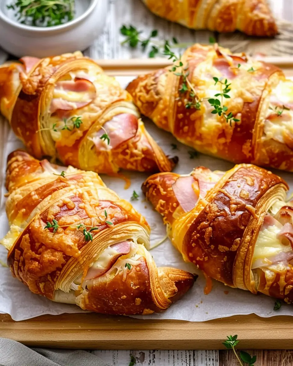 Baked Ham and Cheese Croissants with Turkey Bacon and Chicken Ham