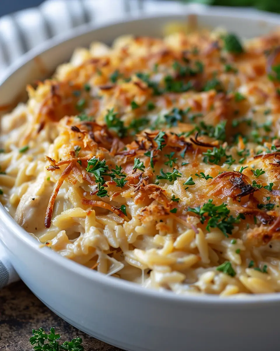 French Onion Chicken Orzo Casserole with Turkey Bacon Bliss
