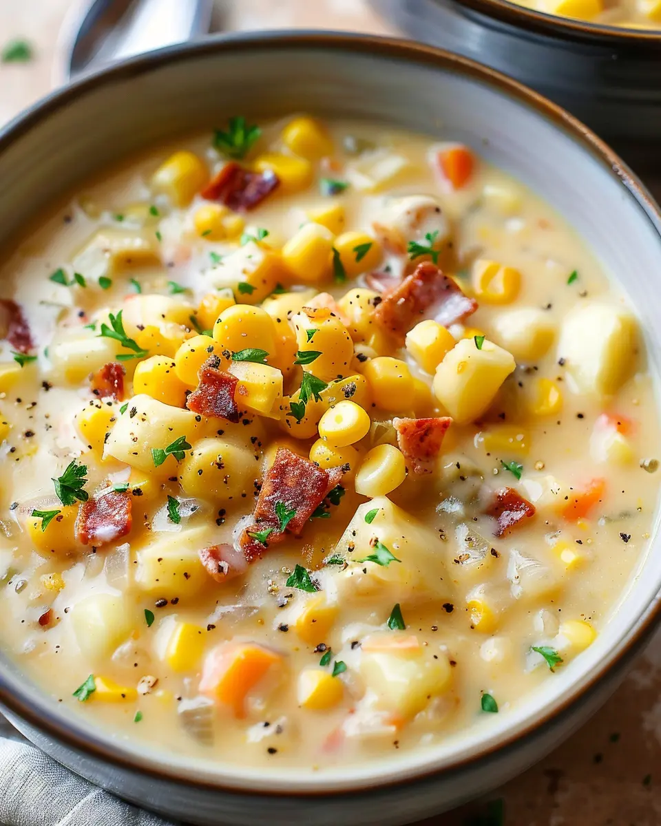 Creamy Corn Chowder Recipe with Turkey Bacon and Chicken Ham Delight